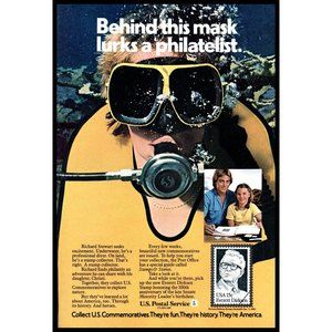 1981 USPS Philatelist Stamp Collecting Vintage Print Ad Scuba Diver Coral Decor